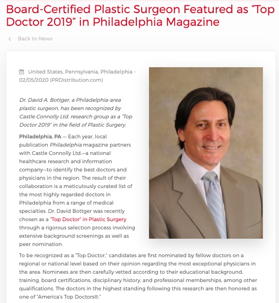 Philadelphia Plastic Surgeon Honored as “Top Doctor 2019” By Regional Publication